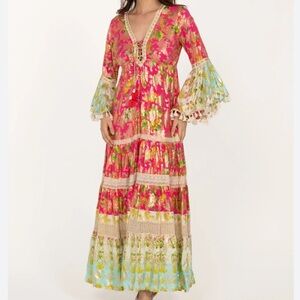 Last Queen Boho Maxi Dress in pink and Mint green floral print. Size UK 8/US 4.